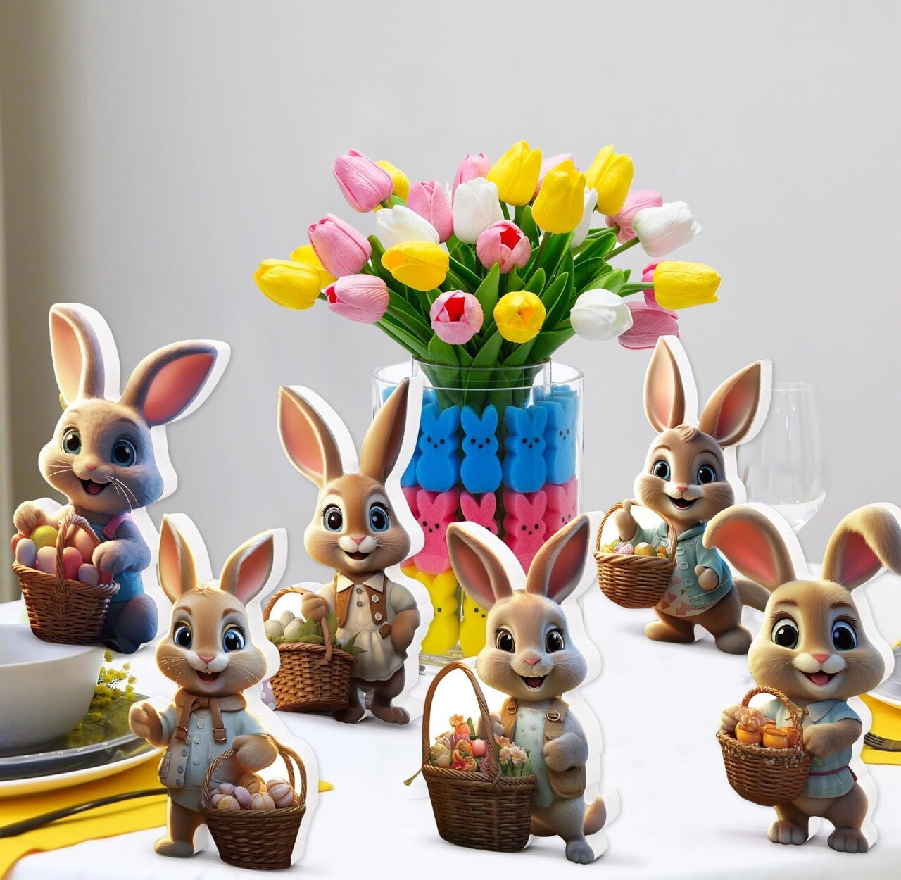 6 PCS Easter Bunny Decorations Indoor, Easter Bunny Wooden Signs, Table Centerpieces Easter Rabbit with Basket Egg
